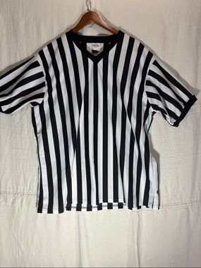 Majestic Black & White Vertical Stripe Short Sleeve Shirt Made in USA 100% Polye